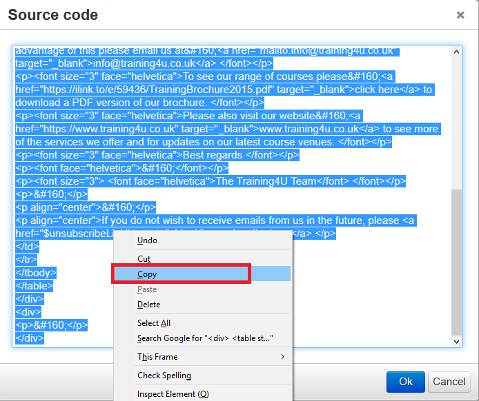 How to copy and paste the source code from an email into a new email